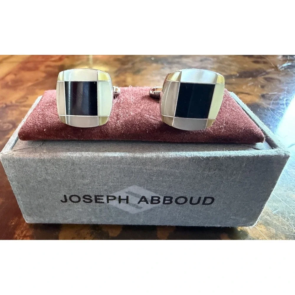 VTG Joseph Abboud Cufflinks Onyx Mother of Pearl Inlay Silver Tone Grid W/ Box